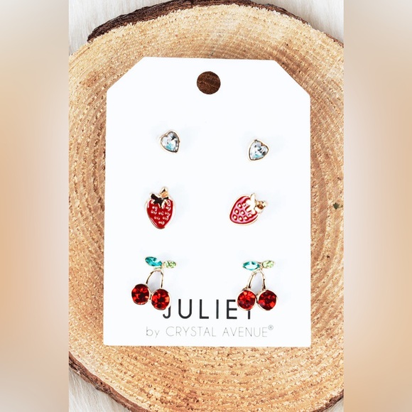 Jewelry - Crystal Avenue Gold Tone Crystal Berry Cherry 3 Pair Earring Set